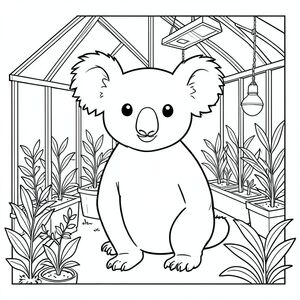 solo, single subject, one head, two eyes, two ears, four legs, one tail, natural proportions, proper scale in environment, anatomically correct, Koala, greenhouse, seedlings, grow lights, sunlight, glass, frame, plants, foliage, simple, clean, coloring page, line art, white background, solo, single subject, anatomically correct, perfect anatomy