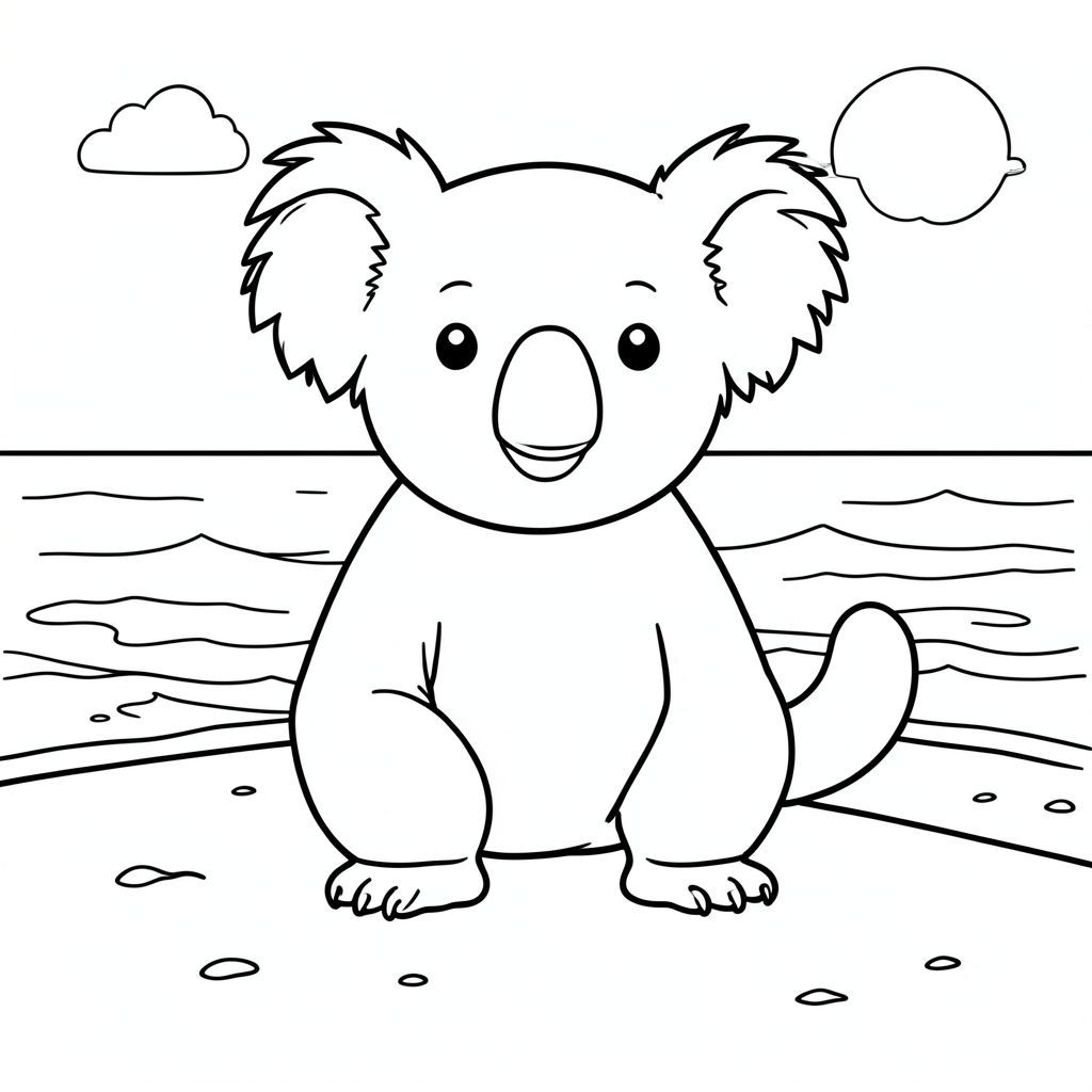 solo, single subject, one head, two eyes, two ears, four legs, one tail, natural proportions, proper scale in environment, anatomically correct, Koala, Sandy beach, sand, water, clear sky, sunlight, waves, shoreline, small, simple, clean, coloring page, line art, white background, solo, single subject, anatomically correct, perfect anatomy
