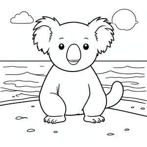 solo, single subject, one head, two eyes, two ears, four legs, one tail, natural proportions, proper scale in environment, anatomically correct, Koala, Sandy beach, sand, water, clear sky, sunlight, waves, shoreline, small, simple, clean, coloring page, line art, white background, solo, single subject, anatomically correct, perfect anatomy