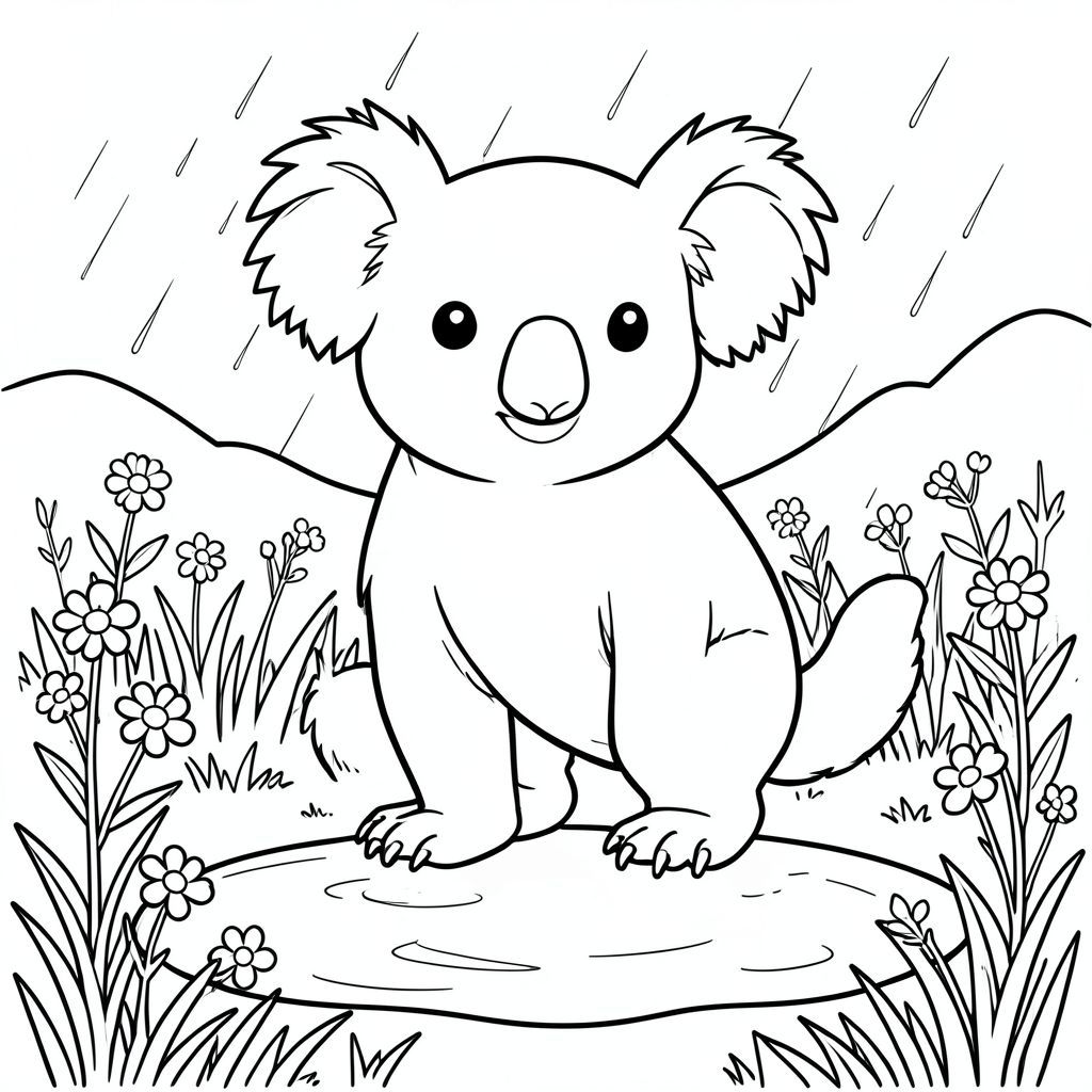 solo, single subject, one head, two eyes, two ears, four legs, one tail, natural proportions, proper scale in environment, anatomically correct, Koala, Meadow, wildflowers, puddle, rain, soft, simple, clean, background, landscape, grassy, coloring page, line art, white background, solo, single subject, anatomically correct, perfect anatomy