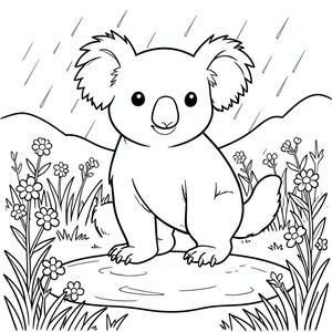 solo, single subject, one head, two eyes, two ears, four legs, one tail, natural proportions, proper scale in environment, anatomically correct, Koala, Meadow, wildflowers, puddle, rain, soft, simple, clean, background, landscape, grassy, coloring page, line art, white background, solo, single subject, anatomically correct, perfect anatomy