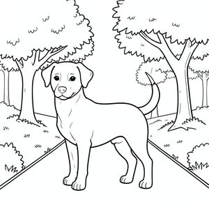 solo, single subject, one head, two eyes, two ears, four legs, one tail, natural proportions, proper scale in environment, anatomically correct, dog, tree, avenue, path, park, dappled, simple, clean, background, landscape, foliage, coloring page, line art, white background, solo, single subject, anatomically correct, perfect anatomy
