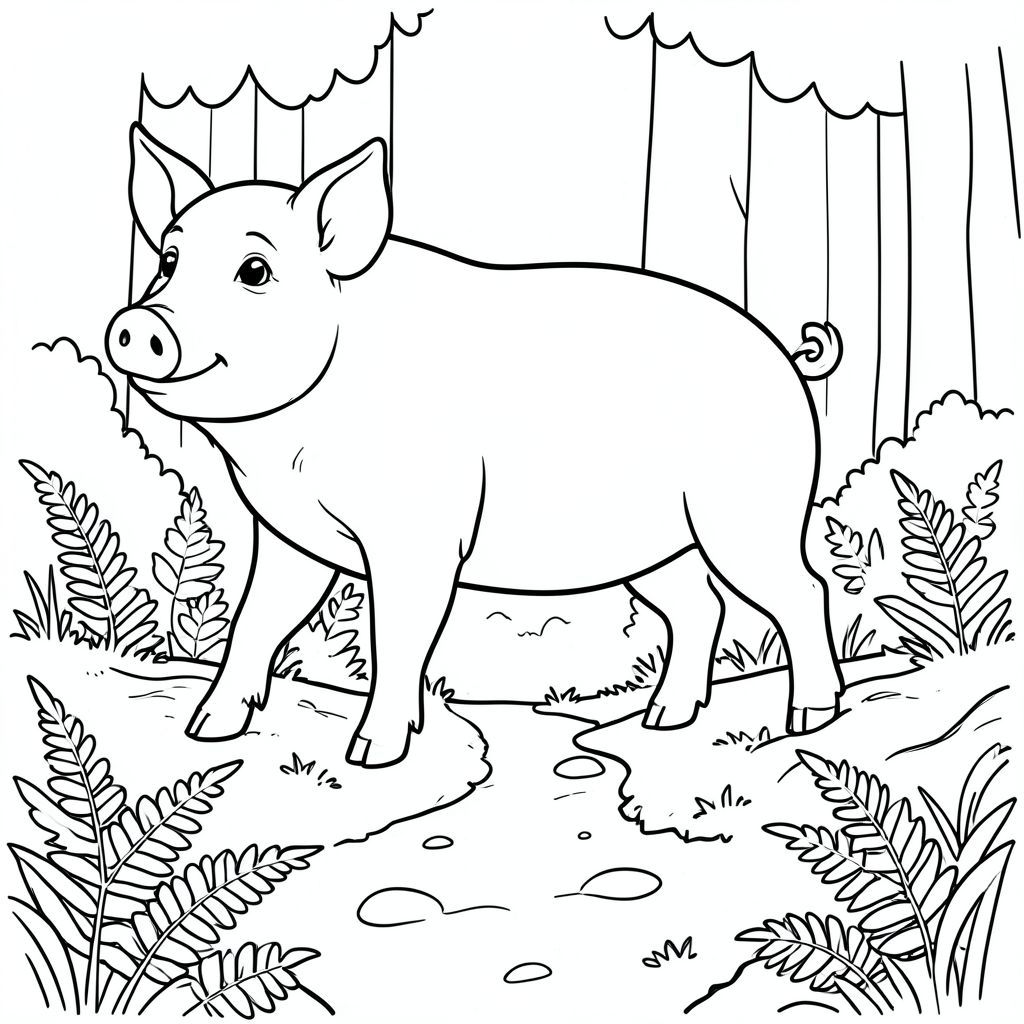 solo, single subject, one head, two eyes, two ears, four legs, one tail, natural proportions, proper scale in environment, anatomically correct, Pig, Mossy log, forest path, ferns, undergrowth, simple background, clean, naive, storybook, pure, white, coloring page, line art, white background, solo, single subject, anatomically correct, perfect anatomy