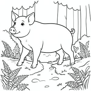 solo, single subject, one head, two eyes, two ears, four legs, one tail, natural proportions, proper scale in environment, anatomically correct, Pig, Mossy log, forest path, ferns, undergrowth, simple background, clean, naive, storybook, pure, white, coloring page, line art, white background, solo, single subject, anatomically correct, perfect anatomy