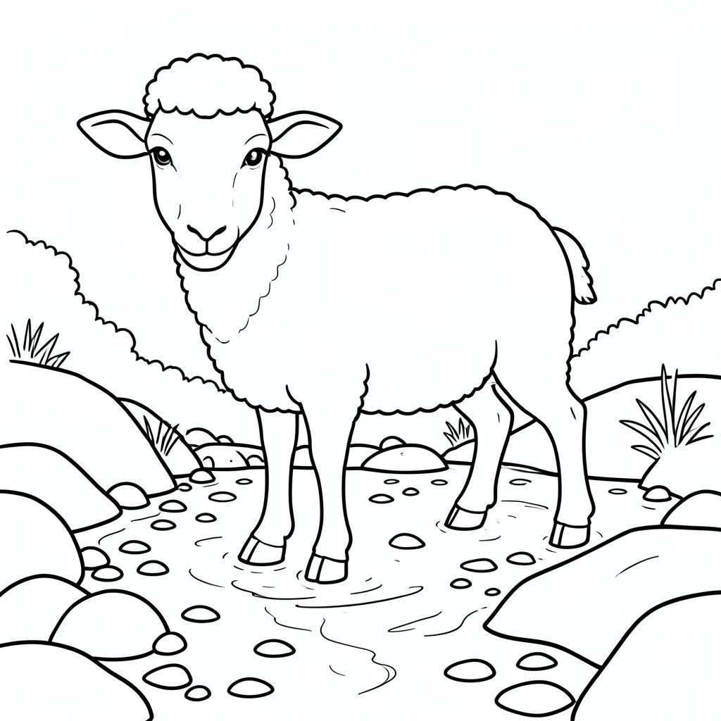 solo, single subject, one head, two eyes, two ears, four legs, one tail, natural proportions, proper scale in environment, anatomically correct, Sheep, creek bed, rocks, water, shallow, trickle, pebbles, sunlight, simple, clean, background, coloring page, line art, white background, solo, single subject, anatomically correct, perfect anatomy
