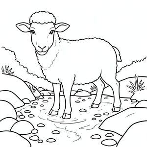 solo, single subject, one head, two eyes, two ears, four legs, one tail, natural proportions, proper scale in environment, anatomically correct, Sheep, creek bed, rocks, water, shallow, trickle, pebbles, sunlight, simple, clean, background, coloring page, line art, white background, solo, single subject, anatomically correct, perfect anatomy