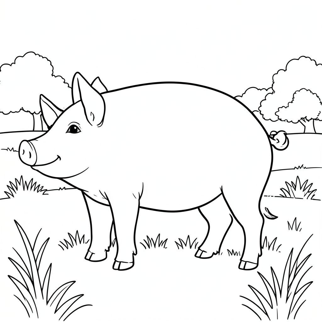 solo, single subject, one head, two eyes, two ears, four legs, one tail, natural proportions, proper scale in environment, anatomically correct, Pig, plain, grassy, distant tree line, horizon, simple, clean, background, landscape, illustration, storybook, coloring page, line art, white background, solo, single subject, anatomically correct, perfect anatomy