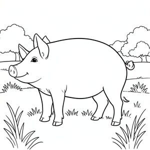 solo, single subject, one head, two eyes, two ears, four legs, one tail, natural proportions, proper scale in environment, anatomically correct, Pig, plain, grassy, distant tree line, horizon, simple, clean, background, landscape, illustration, storybook, coloring page, line art, white background, solo, single subject, anatomically correct, perfect anatomy