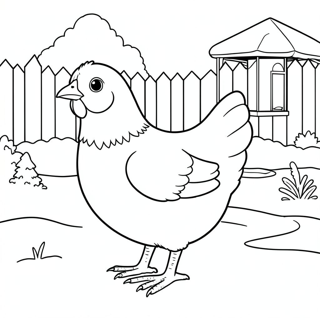 solo, single bird, one head, two eyes, one beak, two wings, two legs, one tail, natural proportions, proper scale in environment, anatomically correct, Chicken, snowy, backyard, winter, simple, clean, bird feeder, small, pure, storybook, pure, coloring page, line art, white background, solo, single subject, anatomically correct, perfect anatomy