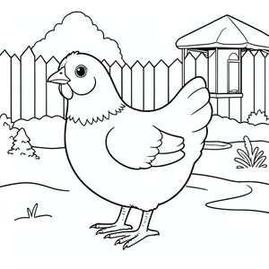 solo, single bird, one head, two eyes, one beak, two wings, two legs, one tail, natural proportions, proper scale in environment, anatomically correct, Chicken, snowy, backyard, winter, simple, clean, bird feeder, small, pure, storybook, pure, coloring page, line art, white background, solo, single subject, anatomically correct, perfect anatomy