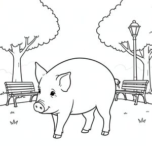 solo, single subject, one head, two eyes, two ears, four legs, one tail, natural proportions, proper scale in environment, anatomically correct, Pig, fog, park, morning, quiet, benches, lamp posts, simple, clean, background, trees, coloring page, line art, white background, solo, single subject, anatomically correct, perfect anatomy