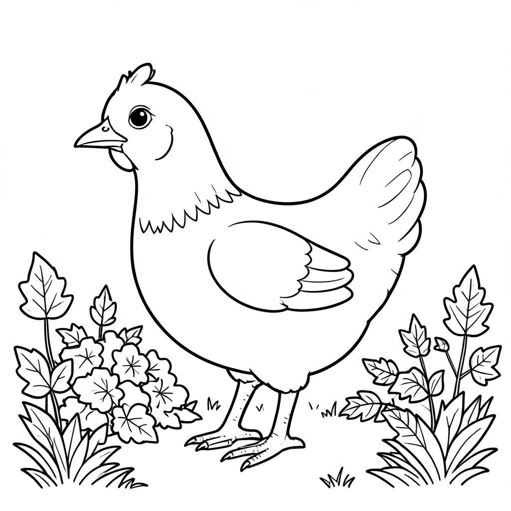 solo, single bird, one head, two eyes, one beak, two wings, two legs, one tail, natural proportions, proper scale in environment, anatomically correct, Chicken, autumn, backyard, leaves, pile, warm, sunny, simple, clean, background, grassy, coloring page, line art, white background, solo, single subject, anatomically correct, perfect anatomy