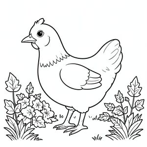 solo, single bird, one head, two eyes, one beak, two wings, two legs, one tail, natural proportions, proper scale in environment, anatomically correct, Chicken, autumn, backyard, leaves, pile, warm, sunny, simple, clean, background, grassy, coloring page, line art, white background, solo, single subject, anatomically correct, perfect anatomy