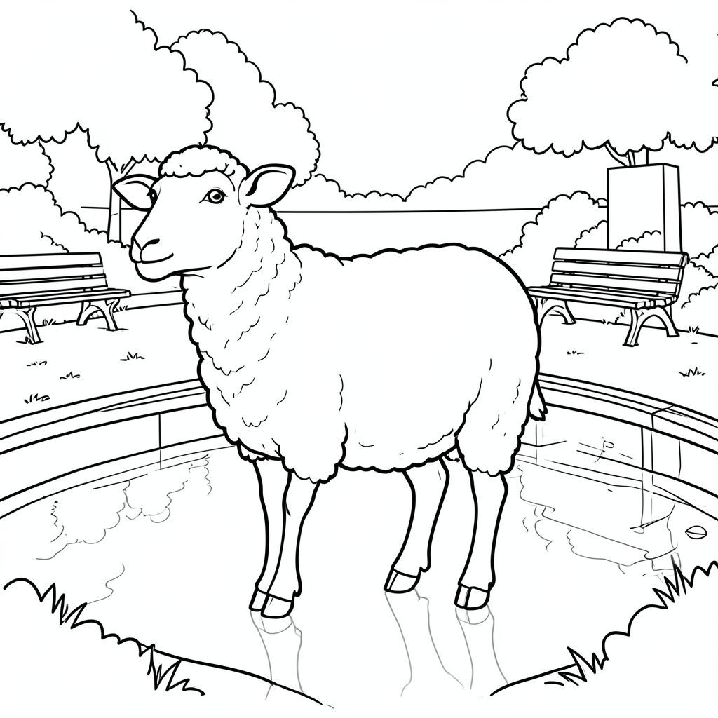 solo, single subject, one head, two eyes, two ears, four legs, one tail, natural proportions, proper scale in environment, anatomically correct, Sheep, pool, memorial park, benches, quiet, reflection, simple, clean, background, landscape, greenery, coloring page, line art, white background, solo, single subject, anatomically correct, perfect anatomy