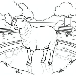 solo, single subject, one head, two eyes, two ears, four legs, one tail, natural proportions, proper scale in environment, anatomically correct, Sheep, pool, memorial park, benches, quiet, reflection, simple, clean, background, landscape, greenery, coloring page, line art, white background, solo, single subject, anatomically correct, perfect anatomy