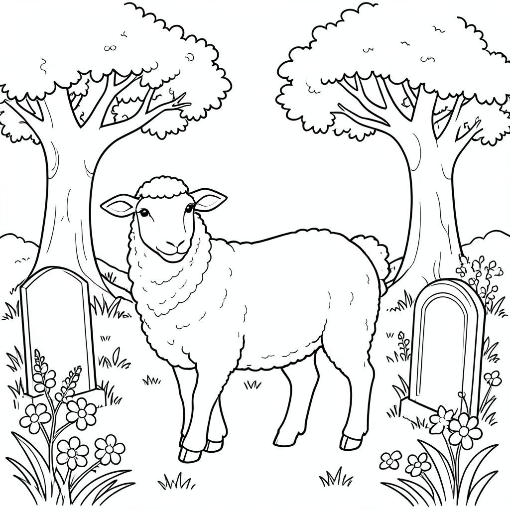 solo, single subject, one head, two eyes, two ears, four legs, one tail, natural proportions, proper scale in environment, anatomically correct, Sheep, Cemetery, garden, headstones, oak trees, grass, flowers, simple background, clean, storybook, pure, coloring page, line art, white background, solo, single subject, anatomically correct, perfect anatomy