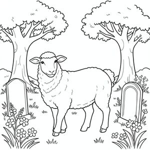 solo, single subject, one head, two eyes, two ears, four legs, one tail, natural proportions, proper scale in environment, anatomically correct, Sheep, Cemetery, garden, headstones, oak trees, grass, flowers, simple background, clean, storybook, pure, coloring page, line art, white background, solo, single subject, anatomically correct, perfect anatomy