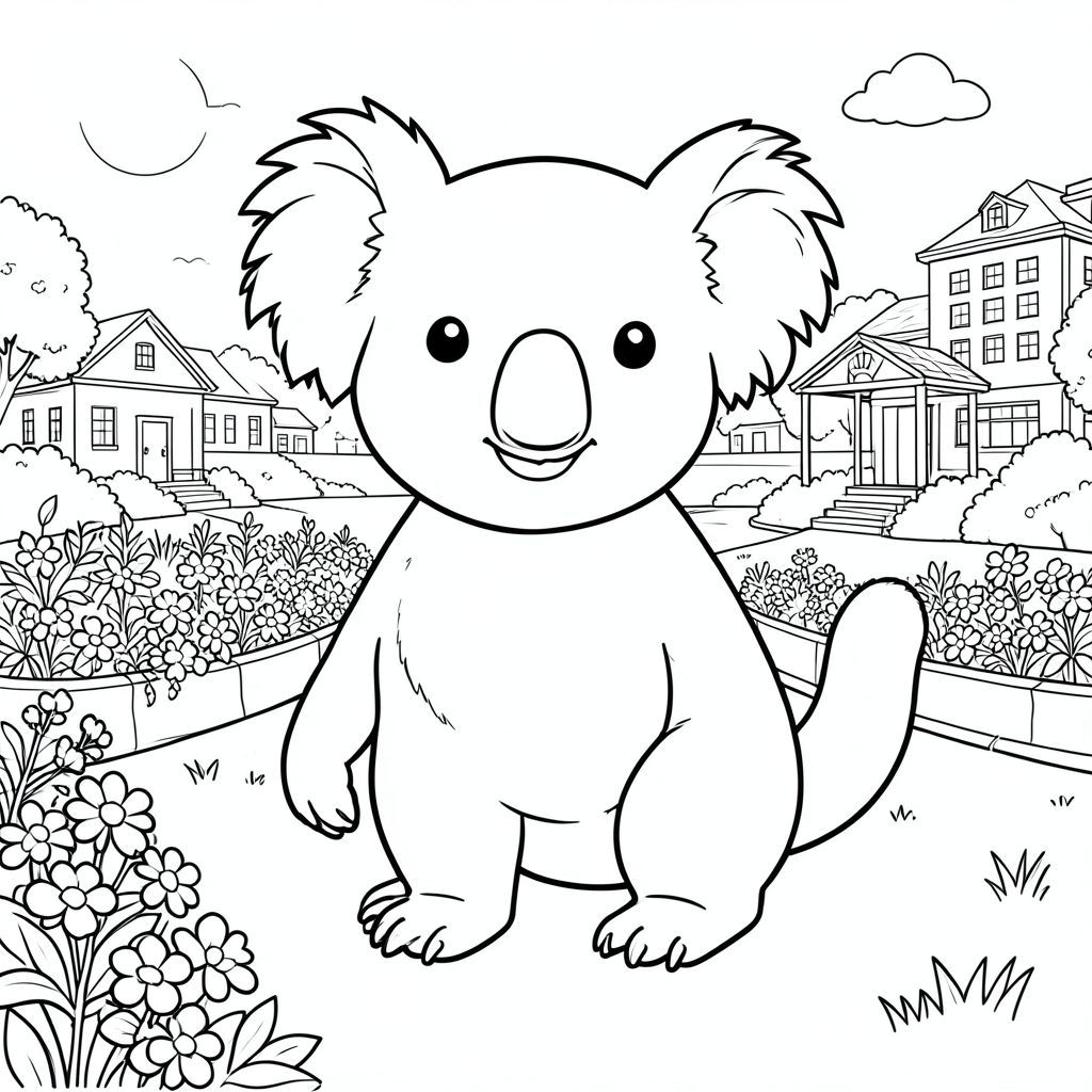 solo, single subject, one head, two eyes, two ears, four legs, one tail, natural proportions, proper scale in environment, anatomically correct, Koala, park, town, flower beds, bandstand, simple, clean, background, greenery, sunlight, grass, coloring page, line art, white background, solo, single subject, anatomically correct, perfect anatomy