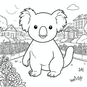 solo, single subject, one head, two eyes, two ears, four legs, one tail, natural proportions, proper scale in environment, anatomically correct, Koala, park, town, flower beds, bandstand, simple, clean, background, greenery, sunlight, grass, coloring page, line art, white background, solo, single subject, anatomically correct, perfect anatomy