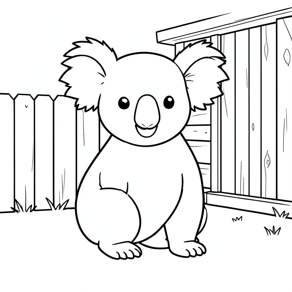solo, single subject, one head, two eyes, two ears, four legs, one tail, natural proportions, proper scale in environment, anatomically correct, Koala, Barn wall, wooden structure, small, simple, clean, background, exterior, quiet, peaceful, rustic, coloring page, line art, white background, solo, single subject, anatomically correct, perfect anatomy