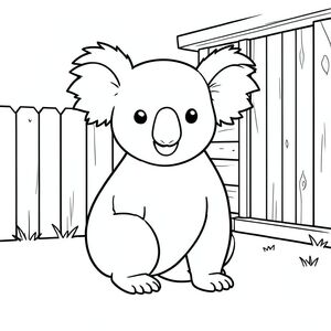 solo, single subject, one head, two eyes, two ears, four legs, one tail, natural proportions, proper scale in environment, anatomically correct, Koala, Barn wall, wooden structure, small, simple, clean, background, exterior, quiet, peaceful, rustic, coloring page, line art, white background, solo, single subject, anatomically correct, perfect anatomy