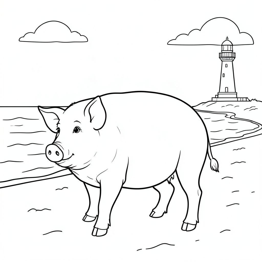 solo, chủ đề đơn, một đầu, hai mắt, hai tai, bốn chân, một đuôi, tỷ lệ tự nhiên, quy mô thích hợp trong môi trường, đúng giải phẫu, Con lợn, bãi biển, cát, đại dương, Bầu trời, ngọn hải đăng, xa, rõ ràng, điềm tĩnh, yên bình, đơn giản, trang màu, nghệ thuật đường nét, nền trắng, solo, chủ đề đơn, đúng về mặt giải phẫu, giải phẫu hoàn hảo
