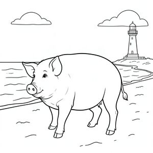solo, chủ đề đơn, một đầu, hai mắt, hai tai, bốn chân, một đuôi, tỷ lệ tự nhiên, quy mô thích hợp trong môi trường, đúng giải phẫu, Con lợn, bãi biển, cát, đại dương, Bầu trời, ngọn hải đăng, xa, rõ ràng, điềm tĩnh, yên bình, đơn giản, trang màu, nghệ thuật đường nét, nền trắng, solo, chủ đề đơn, đúng về mặt giải phẫu, giải phẫu hoàn hảo