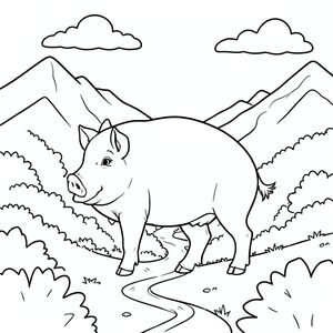 solo, chủ đề đơn, một đầu, hai mắt, hai tai, bốn chân, một đuôi, tỷ lệ tự nhiên, quy mô thích hợp trong môi trường, đúng giải phẫu, Con lợn, Núi, đường mòn, bụi cây, thấp, ánh sáng mặt trời, rõ ràng, Bầu trời, con đường, quanh co, đơn giản, trang màu, nghệ thuật đường, nền trắng, solo, chủ đề đơn, đúng về mặt giải phẫu, giải phẫu hoàn hảo