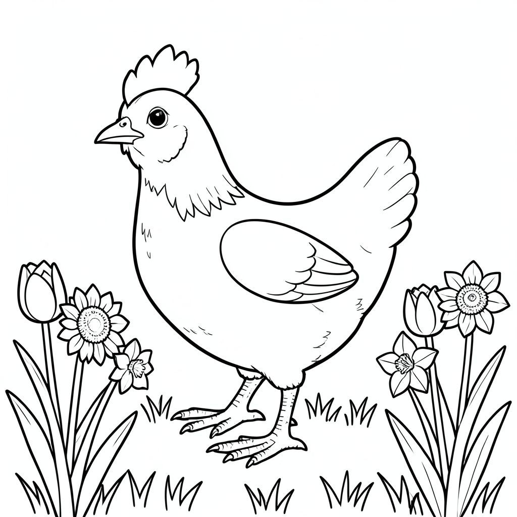 solo, một con chim, một đầu, hai mắt, một mỏ, hai cánh, hai chân, một đuôi, tỷ lệ tự nhiên, quy mô thích hợp trong môi trường, đúng giải phẫu, gà, hoa hướng dương, hoa tulip, hoa thủy tiên, vườn, hàng, dọn dẹp, đơn giản, lý lịch, cỏ, cánh đồng, trang tô màu, nghệ thuật đường, nền trắng, solo, chủ đề đơn, đúng giải phẫu, giải phẫu hoàn hảo
