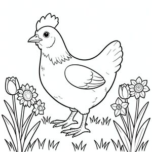 solo, một con chim, một đầu, hai mắt, một mỏ, hai cánh, hai chân, một đuôi, tỷ lệ tự nhiên, quy mô thích hợp trong môi trường, đúng giải phẫu, gà, hoa hướng dương, hoa tulip, hoa thủy tiên, vườn, hàng, dọn dẹp, đơn giản, lý lịch, cỏ, cánh đồng, trang tô màu, nghệ thuật đường, nền trắng, solo, chủ đề đơn, đúng giải phẫu, giải phẫu hoàn hảo