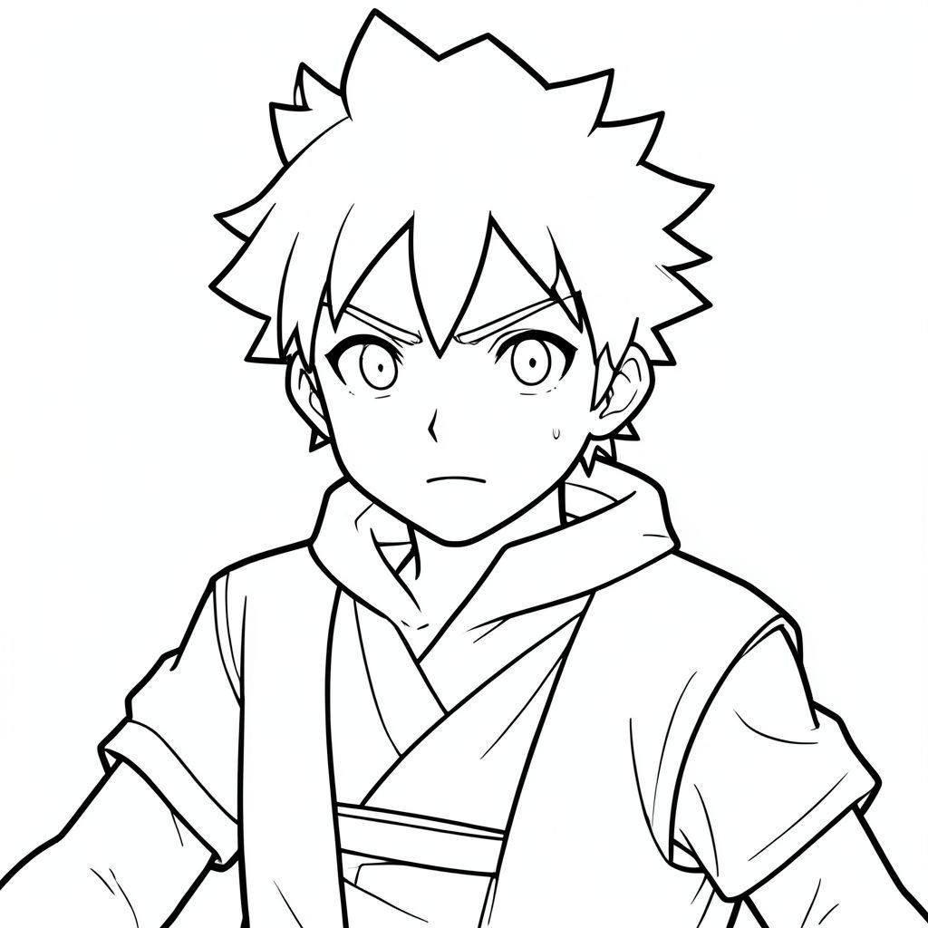 Tranh tô màu Shibi Naruto uzumaki, đường viền đậm, nghệ thuật đường nét đơn giản, đen trắng, minh họa sách tô màu