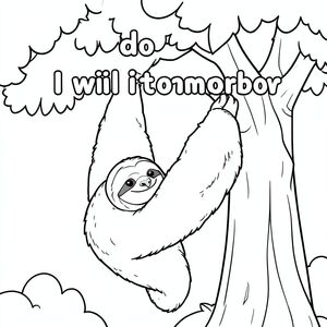 Con lười ngộ nghĩnh treo trên cây với cụm từ "Tôi sẽ làm điều đó vào ngày mai", phong cách hoạt hình, trang sách tô màu
