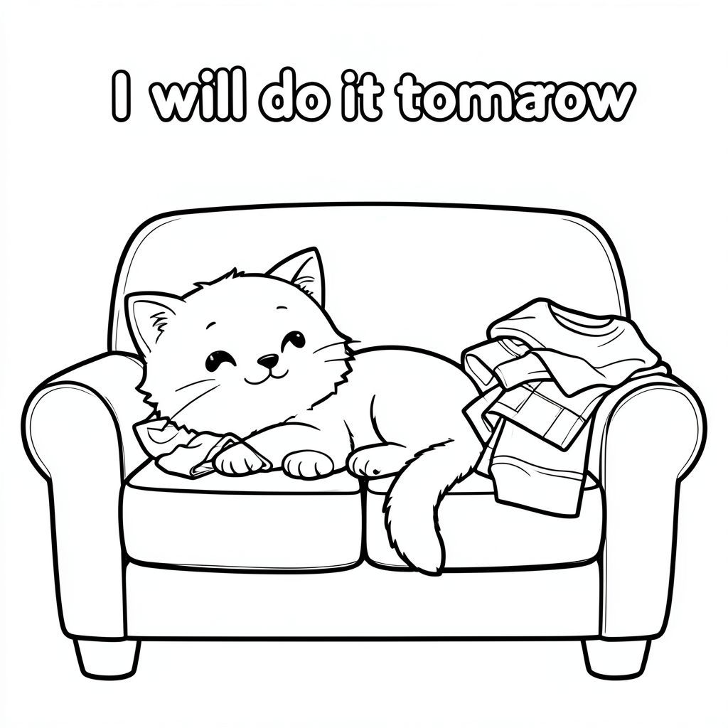 Ngộ nghĩnh mập mạp mèo dễ thương nằm trên ghế sofa với một bó quần áo mới ra khỏi máy sấy để được gấp lại với cụm từ "Tôi sẽ làm điều đó vào ngày mai", phong cách hoạt hình, trang sách tô màu