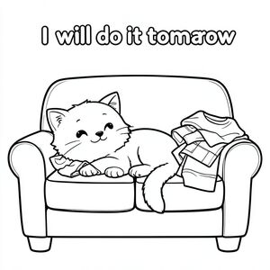 Ngộ nghĩnh mập mạp mèo dễ thương nằm trên ghế sofa với một bó quần áo mới ra khỏi máy sấy để được gấp lại với cụm từ "Tôi sẽ làm điều đó vào ngày mai", phong cách hoạt hình, trang sách tô màu