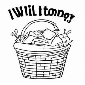 một giỏ đầy quần áo để gấp theo phong cách hoạt hình với cụm từ "Tôi sẽ làm điều đó vào ngày mai" ở trên cùng với một kiểu chữ ngộ nghĩnh, đen trắng, trang sách tô màu