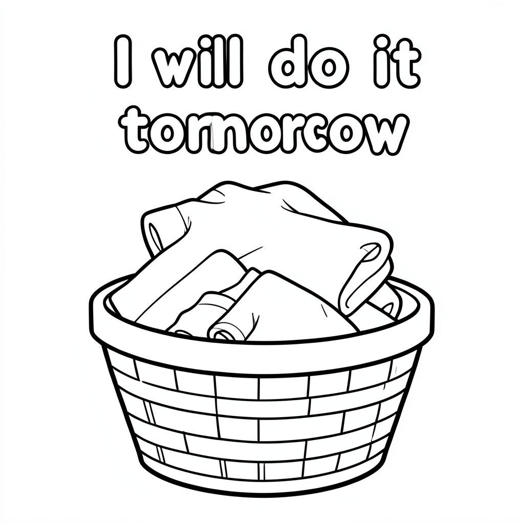 một giỏ đầy quần áo để gấp theo phong cách hoạt hình với cụm từ "Tôi sẽ làm điều đó vào ngày mai" ở trên cùng với một kiểu chữ ngộ nghĩnh, đen trắng, trang sách tô màu
