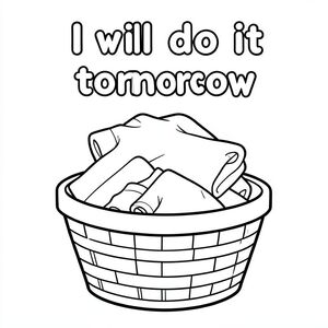 một giỏ đầy quần áo để gấp theo phong cách hoạt hình với cụm từ "Tôi sẽ làm điều đó vào ngày mai" ở trên cùng với một kiểu chữ ngộ nghĩnh, đen trắng, trang sách tô màu
