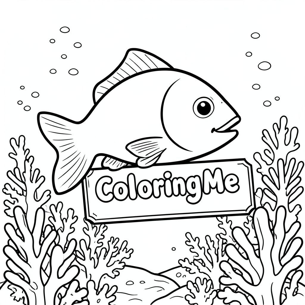 Chế độ xem hồ sơ của một con cá thân thiện, cầm một tấm biển có dòng chữ "ColoringMe" được viết bằng chữ bong bóng trắng, trong hồ sơ, trong vương quốc rạn san hô dưới nước, phong cách siêu thực