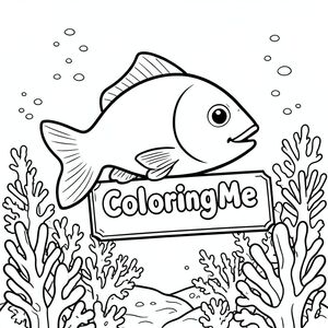 Chế độ xem hồ sơ của một con cá thân thiện, cầm một tấm biển có dòng chữ "ColoringMe" được viết bằng chữ bong bóng trắng, trong hồ sơ, trong vương quốc rạn san hô dưới nước, phong cách siêu thực