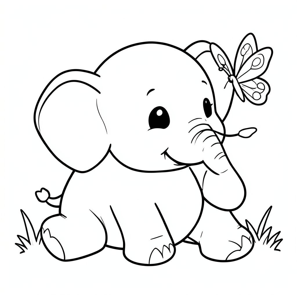 Voi con dễ thương chơi với một con bướm, phong cách hoạt hình, nghệ thuật đường nét đen trắng cho trẻ em tranh tô màu