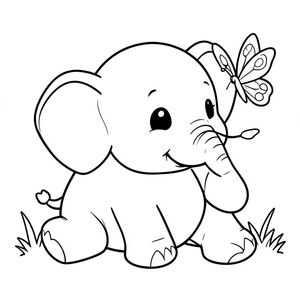 Voi con dễ thương chơi với một con bướm, phong cách hoạt hình, nghệ thuật đường nét đen trắng cho trẻ em tranh tô màu