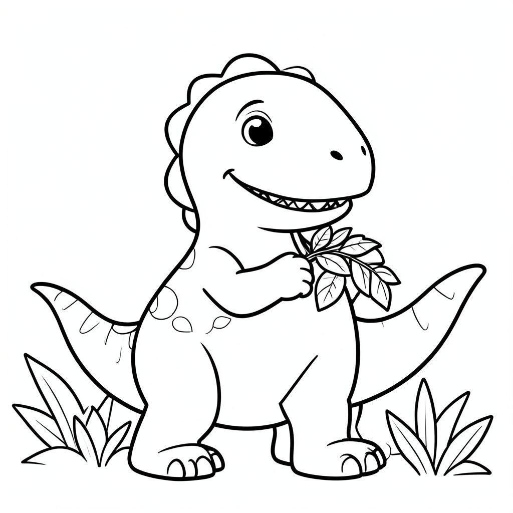 Khủng long mỉm cười ăn lá, phác thảo đơn giản, trang tô màu có thể in cho trẻ em