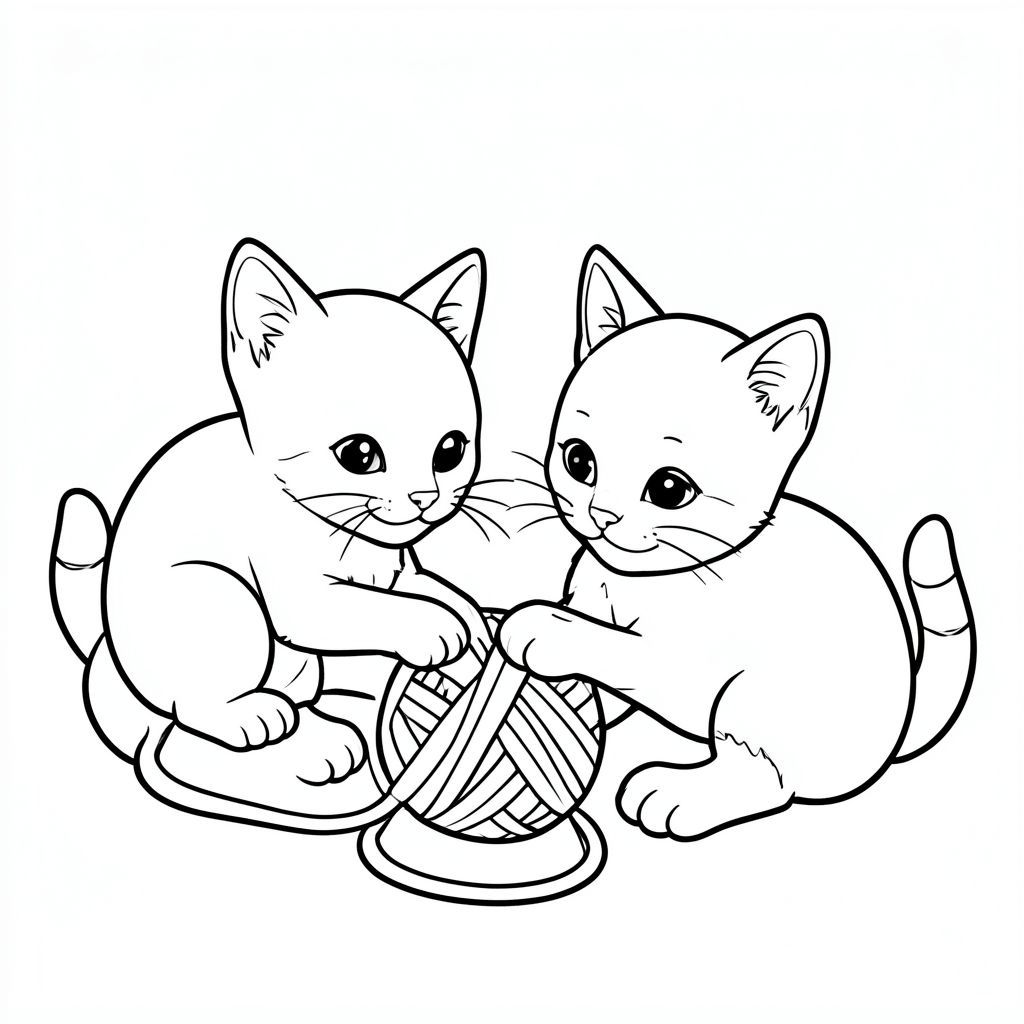 "Mèo con dễ thương chơi với sợi, vẽ đường đen trắng đơn giản, tranh tô màu trẻ em"