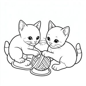 "Mèo con dễ thương chơi với sợi, vẽ đường đen trắng đơn giản, tranh tô màu trẻ em"