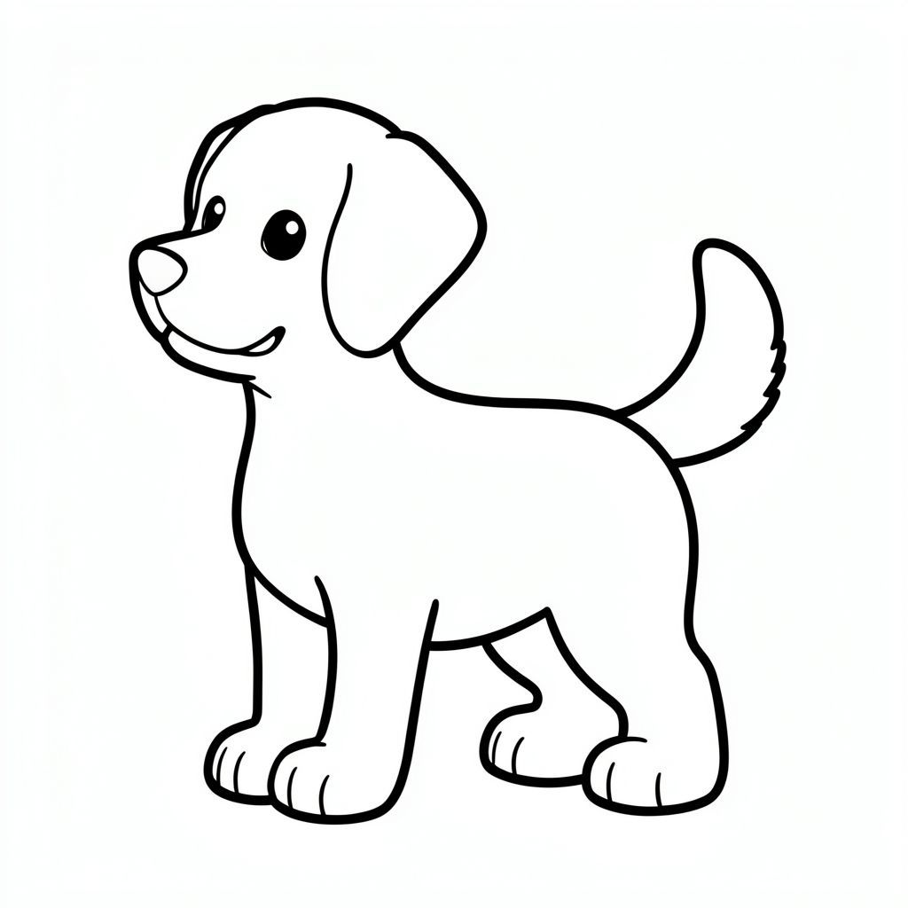 "Chó con vẫy đuôi hạnh phúc, phác thảo hoạt hình, tranh tô màu có thể in cho trẻ em"