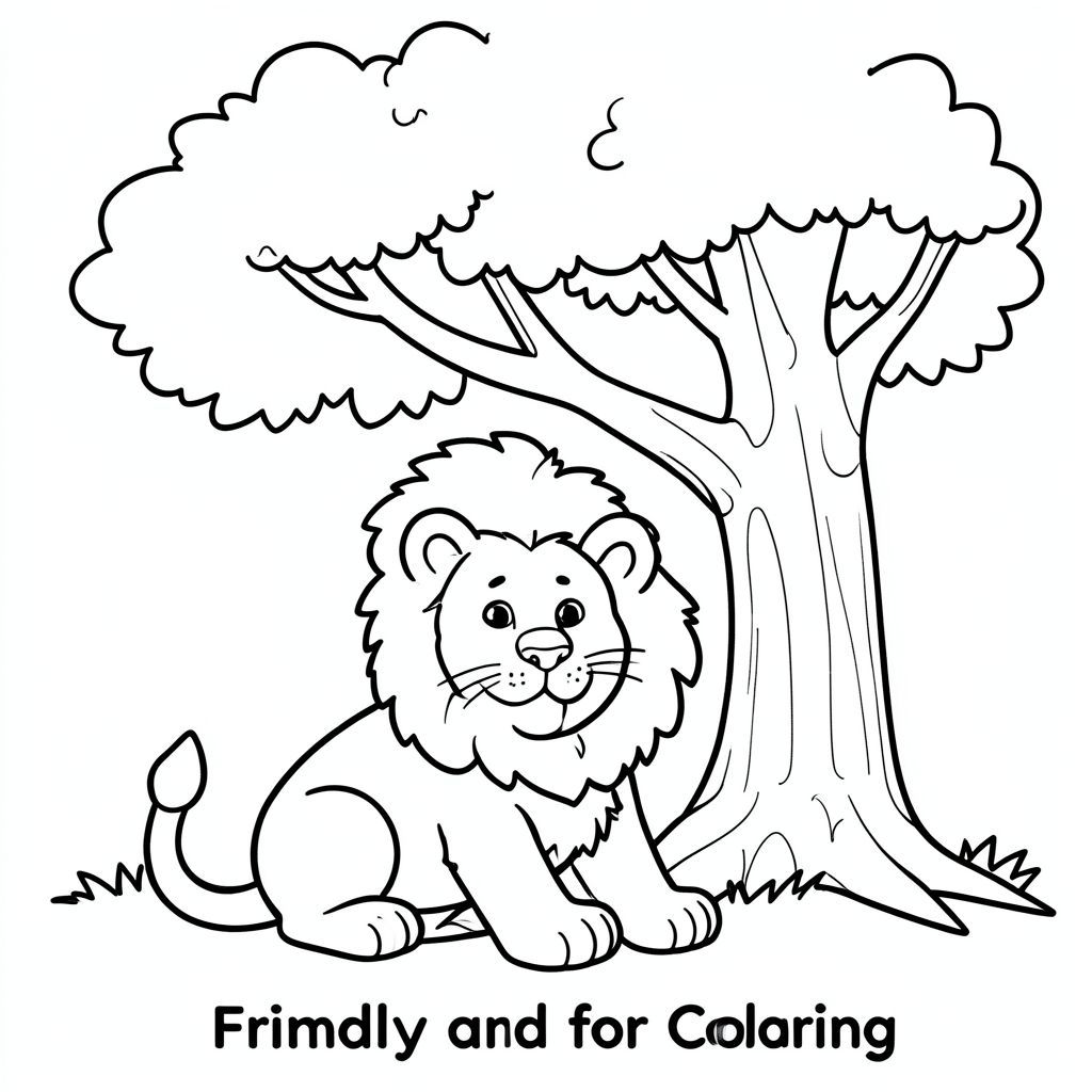 "Sư tử thân thiện ngồi dưới gốc cây, đường viền đen trắng để tô màu"