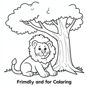 "Sư tử thân thiện ngồi dưới gốc cây, đường viền đen trắng để tô màu"