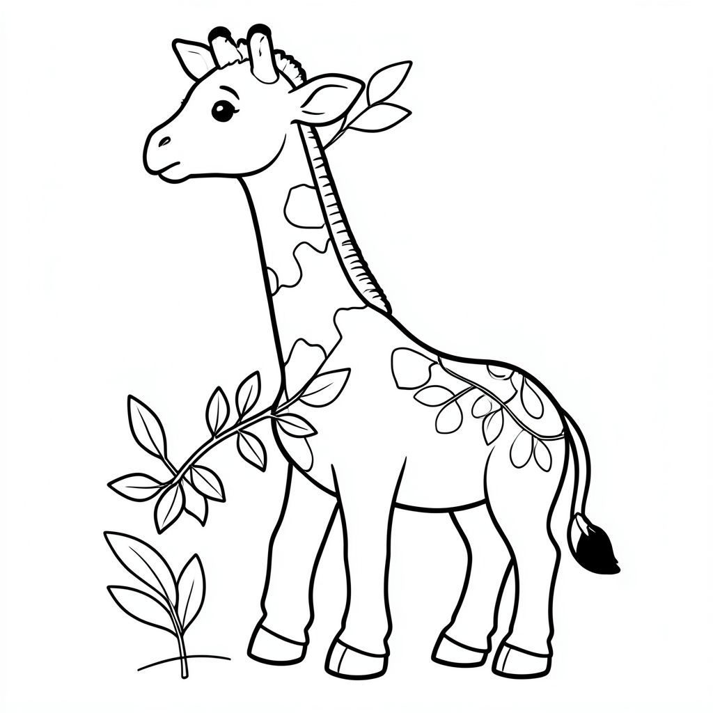 "Hươu cao cổ con dễ thương ăn lá, phác thảo đơn giản cho trẻ em tô màu"