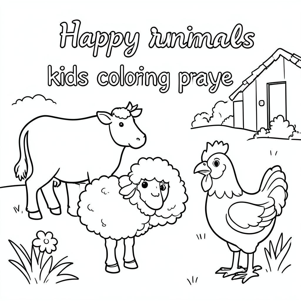 "Cảnh động vật trang trại hạnh phúc với bò, cừu và gà, tranh tô màu trẻ em"