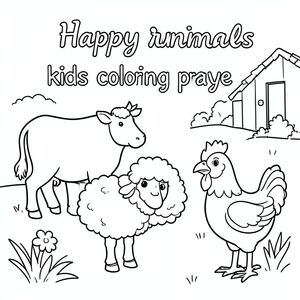 "Cảnh động vật trang trại hạnh phúc với bò, cừu và gà, tranh tô màu trẻ em"